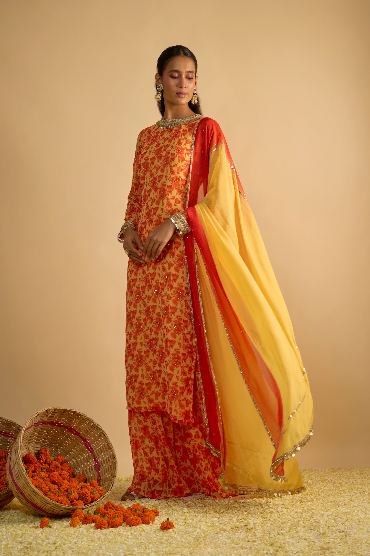 Yellow and Orange Floral Printed Palazzo Set