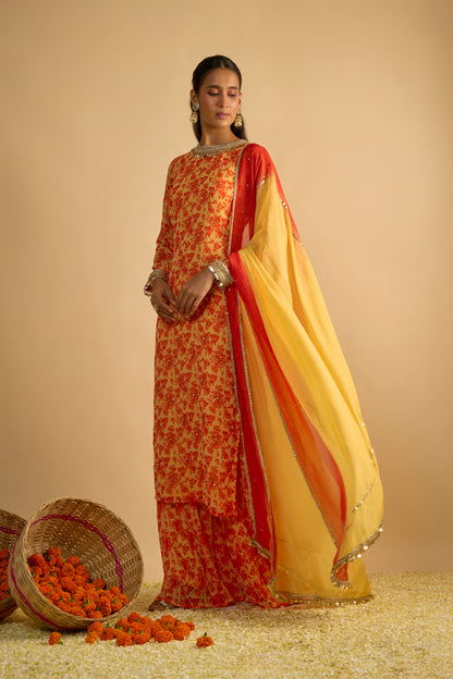 Yellow and Orange Floral Printed Palazzo Set