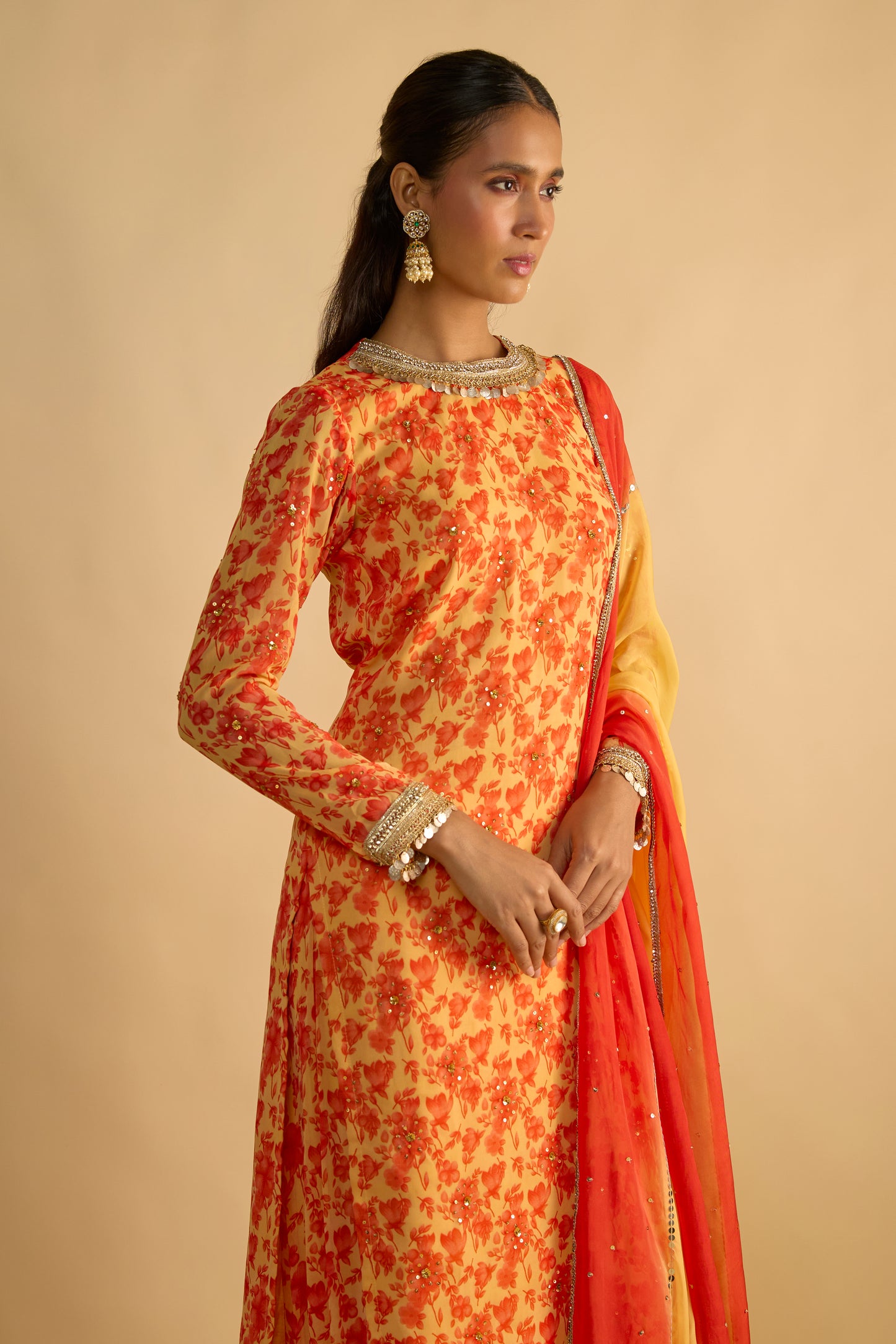 Yellow and Orange Floral Printed Palazzo Set