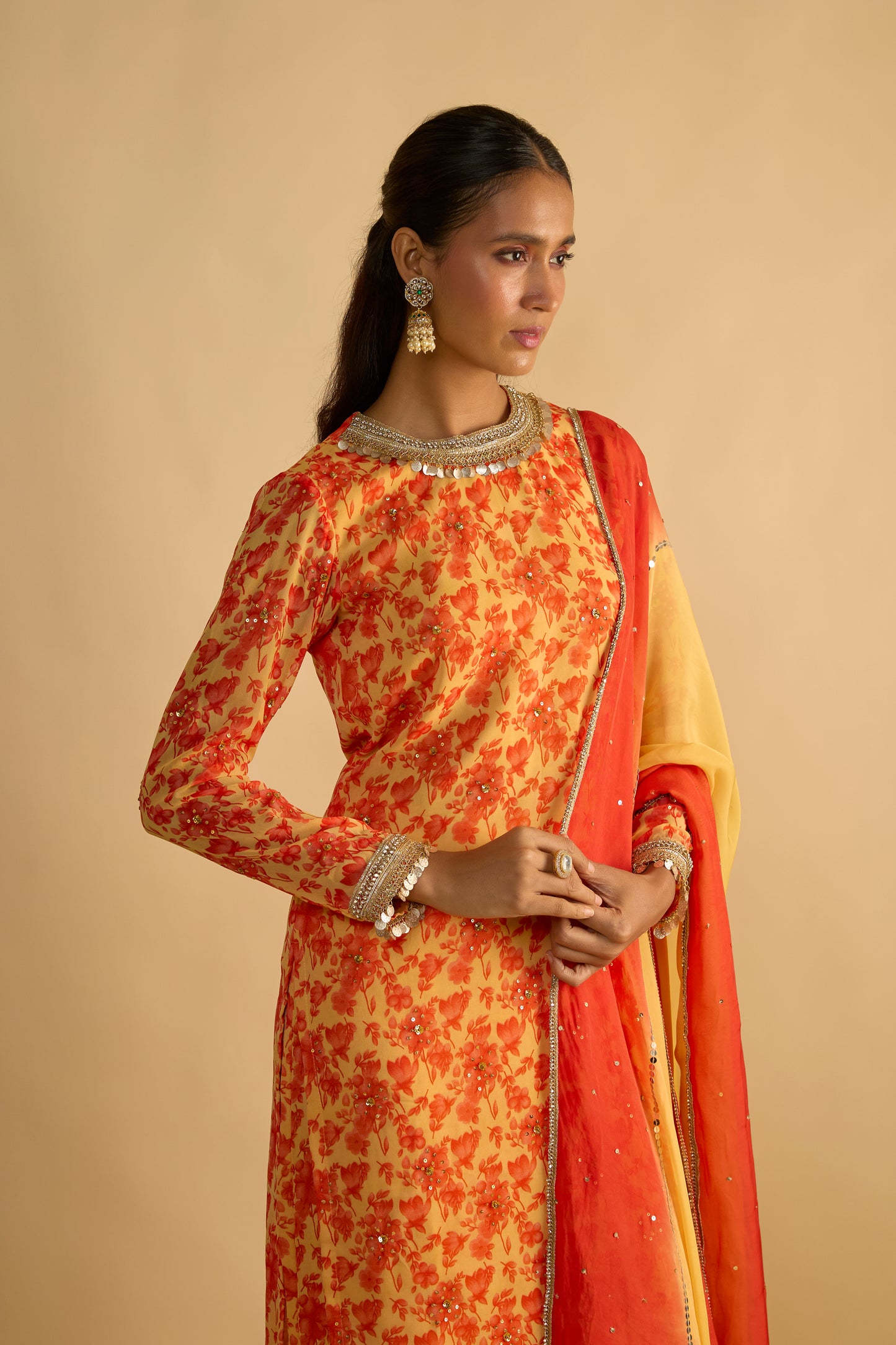 Yellow and Orange Printed Long Kurta Set
