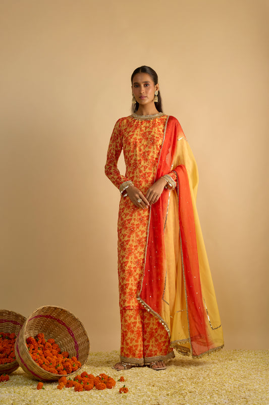 Yellow and Orange Printed Long Kurta Set