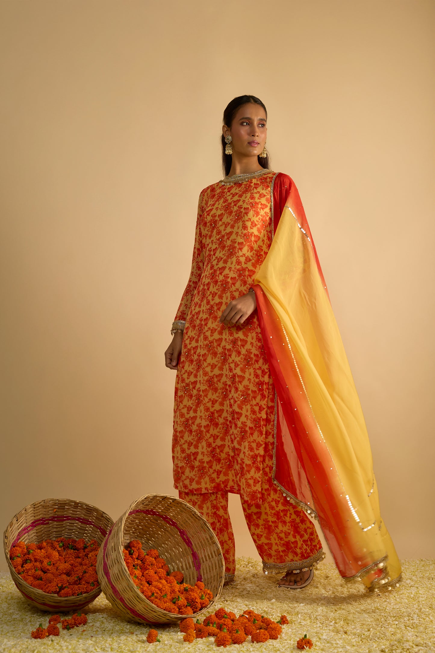 Yellow and Orange Printed Long Kurta Set