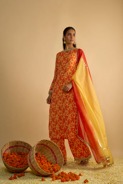 Yellow and Orange Printed Long Kurta Set