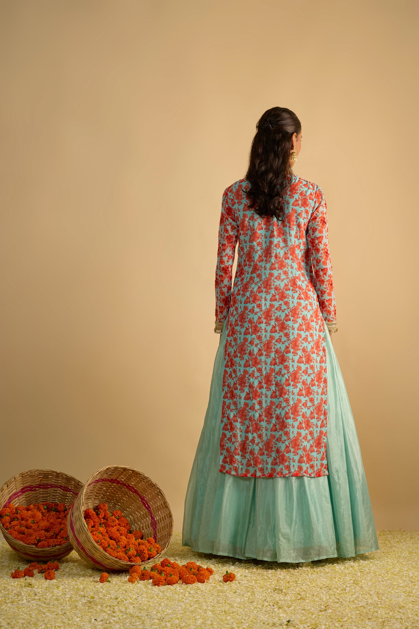 Blue and Orange Floral Printed Kurta Lehenga Set