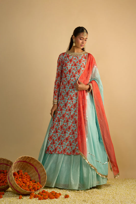 Blue and Orange Floral Printed Kurta Lehenga Set