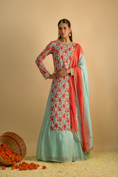 Blue and Orange Floral Printed Kurta Lehenga Set