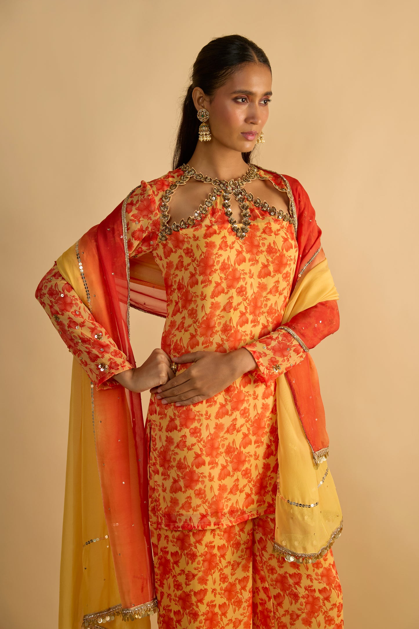 Yellow and Orange Short Kurta Set