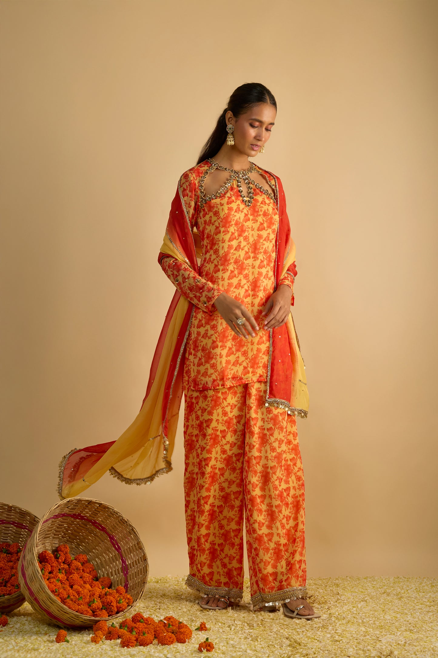 Yellow and Orange Short Kurta Set