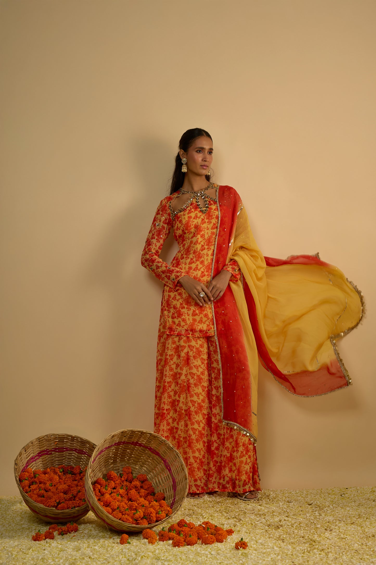 Yellow and Orange Floral Printed Short Kurta Set