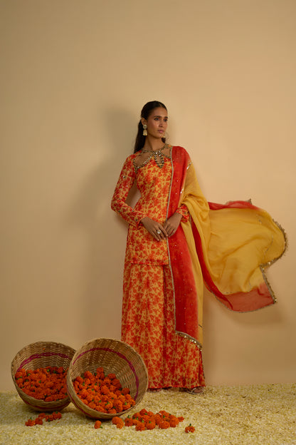 Yellow and Orange Floral Printed Short Kurta Set
