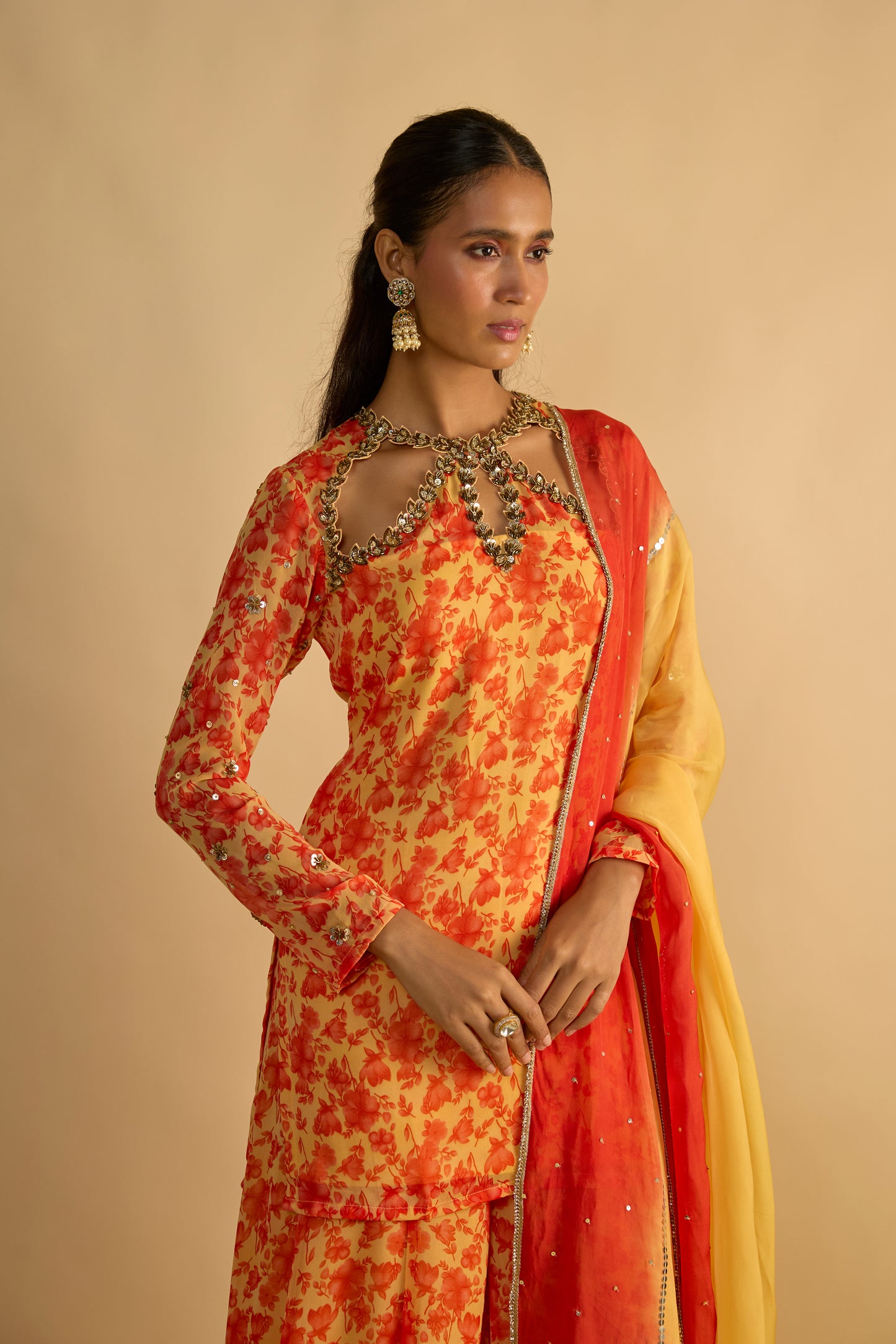 Yellow and Orange Floral Printed Short Kurta Set