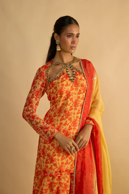 Yellow and Orange Floral Printed Short Kurta Set