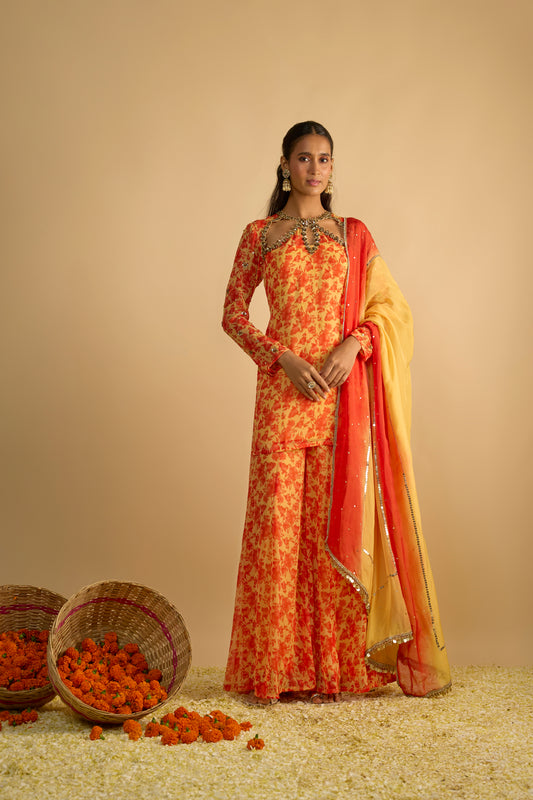 Yellow and Orange Floral Printed Short Kurta Set