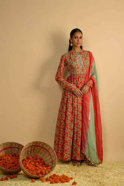 Green and Orange Floral Printed Anarkali Set