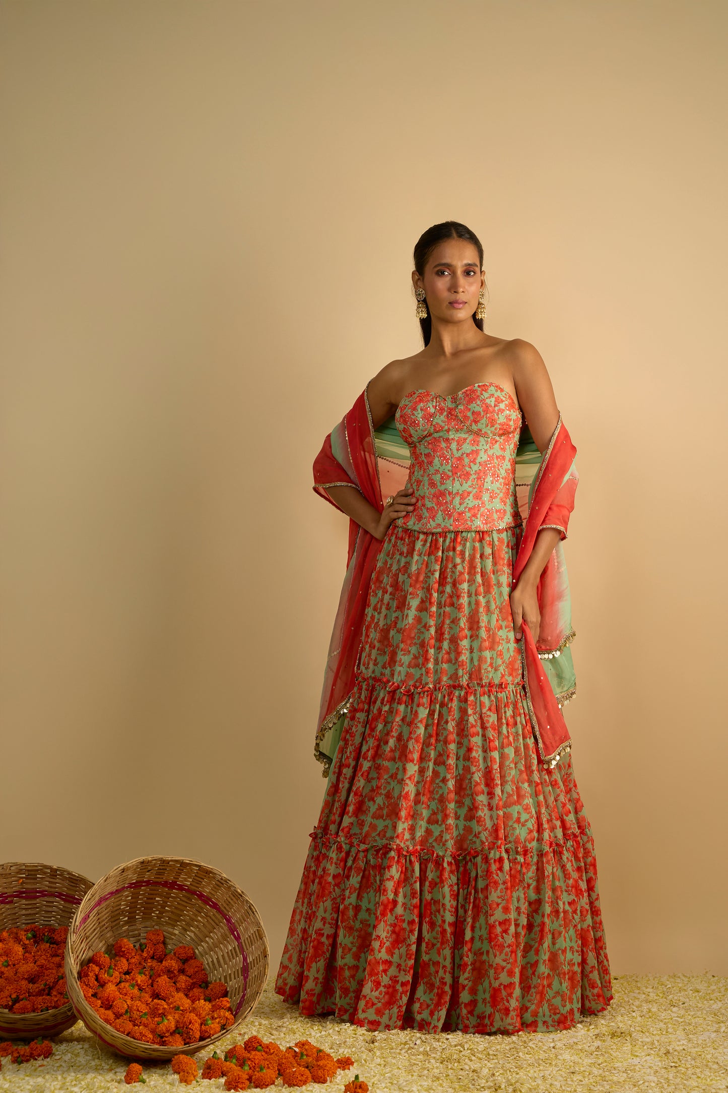 Green and Orange Floral Printed Corset Lehenga Set