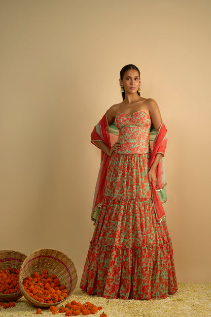 Green and Orange Floral Printed Corset Lehenga Set