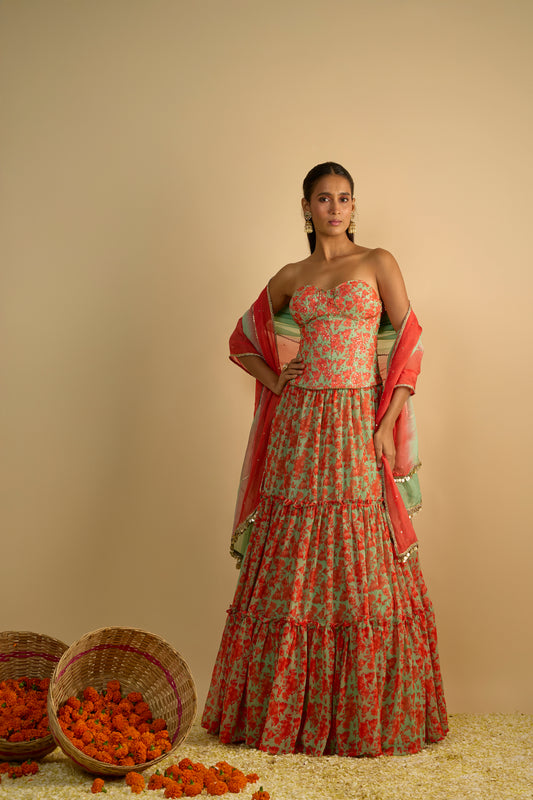 Green and Orange Floral Printed Corset Lehenga Set