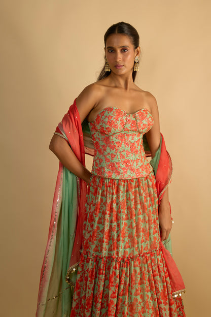 Green and Orange Floral Printed Corset Lehenga Set
