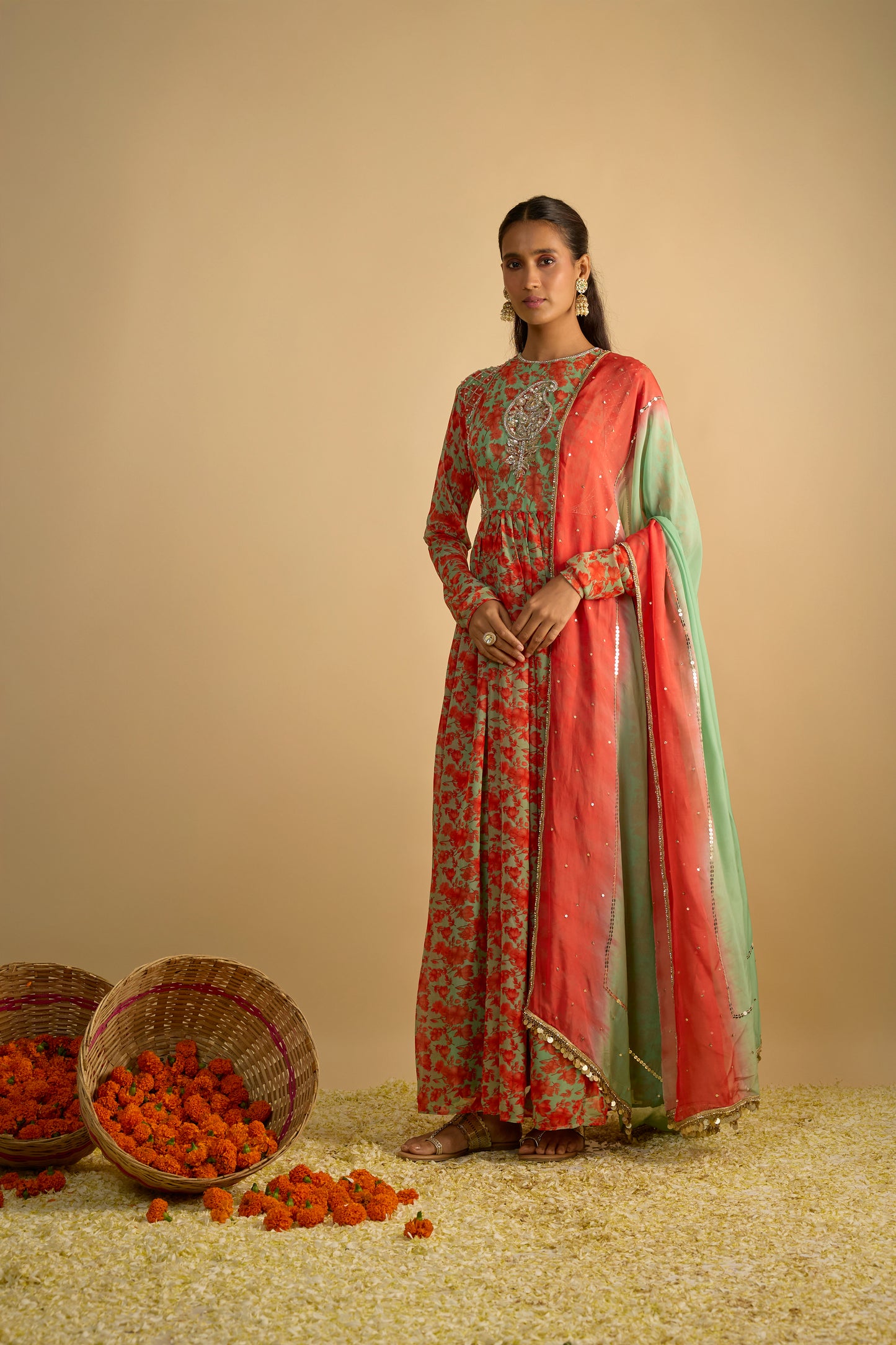 Green and Orange Floral Printed Anarkali Set