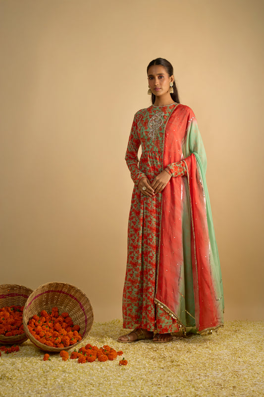 Green and Orange Floral Printed Anarkali Set