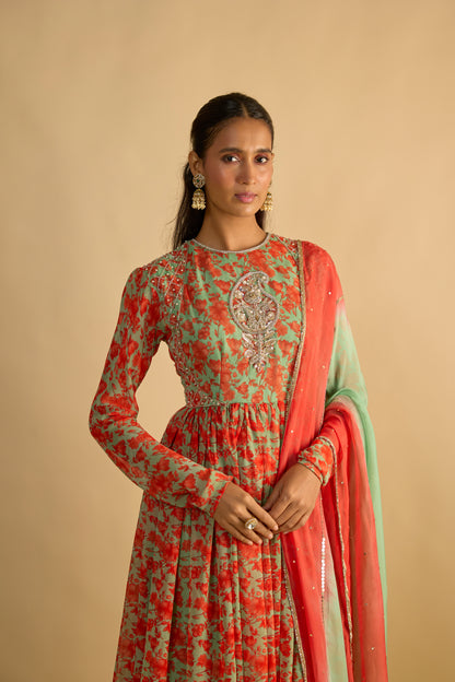 Green and Orange Floral Printed Anarkali Set